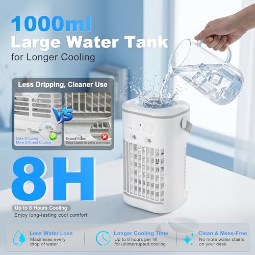 Mini Quiet Portable Air Conditioner, Air Cooler with Remote Control, 3 Speeds and 2 Misting Modes, 1-4H Timer, 7 LED Lights, Cold Air Fan for Bedroom Office