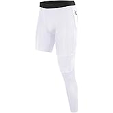 Roadbox Men's Basketball One Leg Tights, 1/2 Single Leg Compression Pants Sports Base Layer Leggings Underwear with Pockets