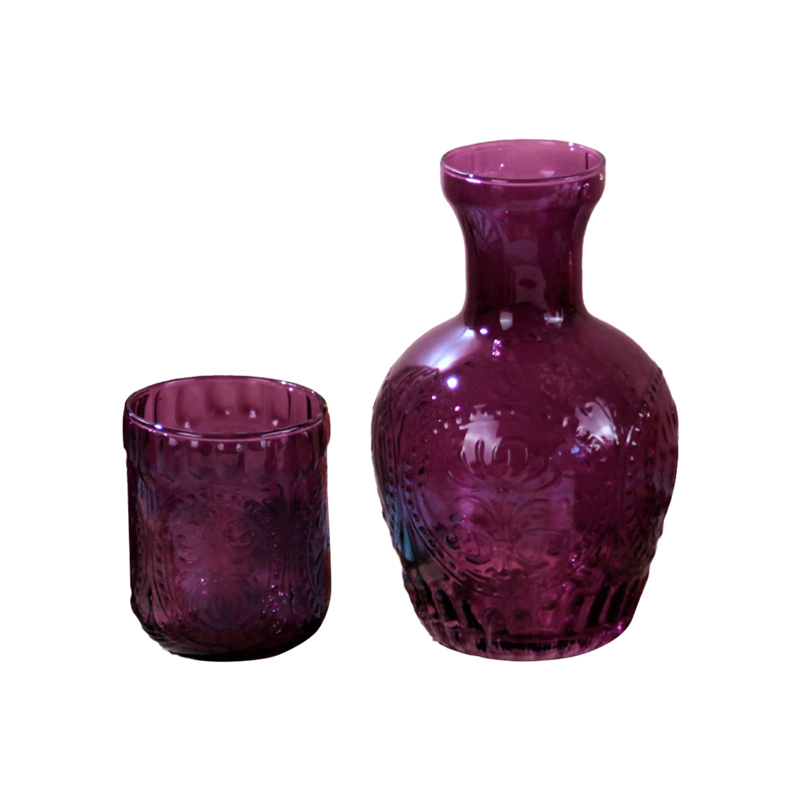 Bedside Carafe Night Water Carafe and Tumbler, Vintage Bedside Water Carafe and Glass Set, 1L Vintage Nightstand Glass Carafe Glass Carafe Pitcher with Cup for Bedroom Bathroom Kitchen(Purple)