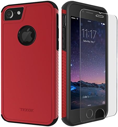 TKKOK iPhone 7 case, Slim Dual layer Heavy Duty Rugged Scratch-Resistant Shockproof Non-slip Grip Protective Case Cover [Tempered Glass Screen Protector Included] for iPhone 7-Red/Black