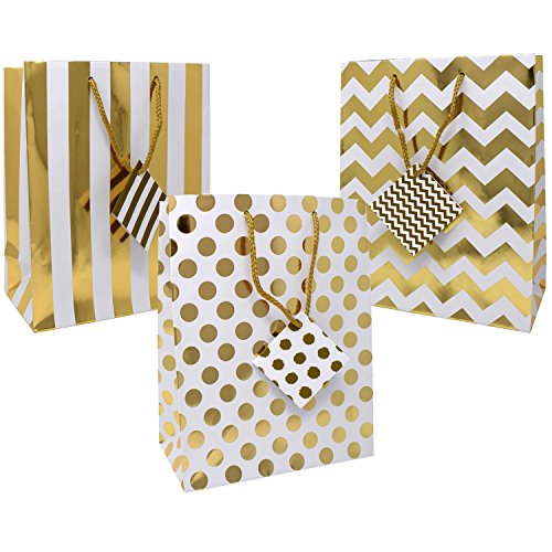 12 Gift Boutique Medium Metallic Gold Gift Bags; Polka Dots, Stripes & Chevron Exquisite Designs; Birthday, Graduation, Baby Shower, Wedding Gift Bags