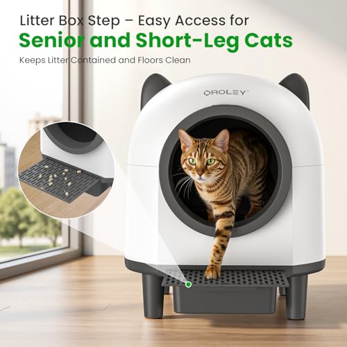 OROLEY Self-Cleaning Litter Box, Automatic Cat Litter Box with APP Control & Safety Sensor，Large Capacity Design for Multiple Cats,Built-in Deodorizing Scent Box and Garbage Bags,White