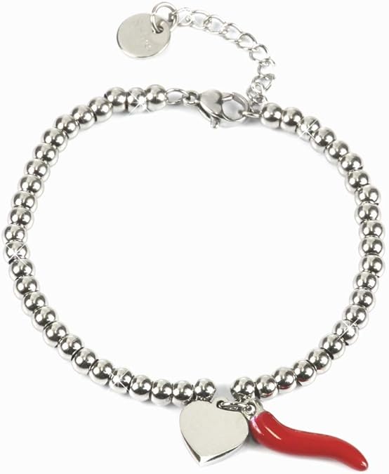 Bracciale catena acciaio portafortuna e corno rosso