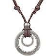 JczR.Y Leather Necklace for Men Double Circle Rings Leather Rope Pendant Necklace Punk Leather Chain Disc Ring Necklace Vintage Jewelry Gift