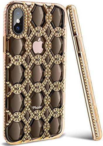 iPhone Xs Case, iPhone X Case, Acalantha High Impact Slim Colorful Flexible Clear Back Diamond Lattice Interior Cute Girly Shockproof Liquid Silicone Protection Phone Cases Cover for Women Girls Gold