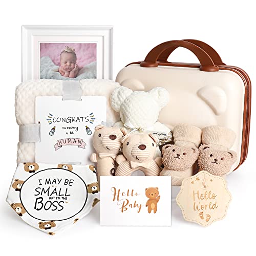 iAOVUEBY Baby Gift Set, Baby Shower Gifts for Girls Boys, Bear New Baby Gift Basket Include Newborn Rattle Blanket Wooden Keepsake Milestone Cute Bibs Socks Greeting Card, Baby Gift Essentials Stuff