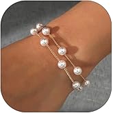 Gold Pearl Bracelets for Women Dainty 14K Gold Plated Pearls Beaded Chain Charm Bracelets Trendy Adjustable Layered Pearl Link Bracelet Simple Bridesmaid Jewelry for Women