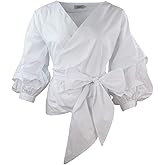AOMEI Women Spring Summer Blouses with Puff Sleeve Sashes Shirts Tops