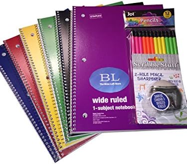 Staples Spiral Notebook 1-subject 70-count Wide Ruled Assorted Colors (6 Pack), 12 Jet Neon Wood Pencils, 1- Scribble Stuff 2 Hole Pencil Sharpener with Build in Eraser Bundle