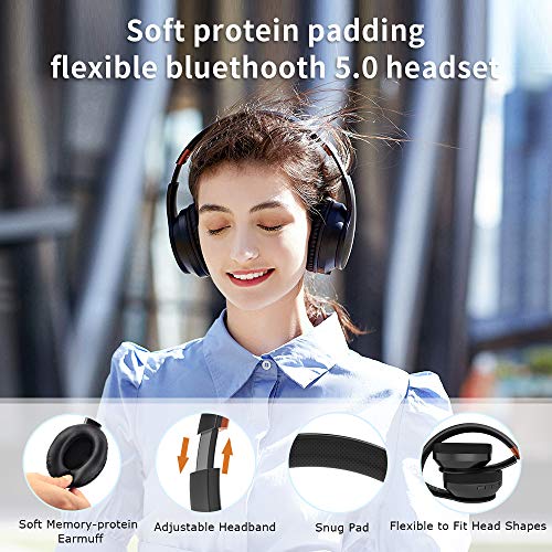 Bluetooth Headphones Over Ear, Comfortable Wireless Headphones, Rechargeable HiFi Stereo Headset, w/Wired Mode, CVC6.0 Microphone for Cellphone Online Class, Home Office, PC (Black)