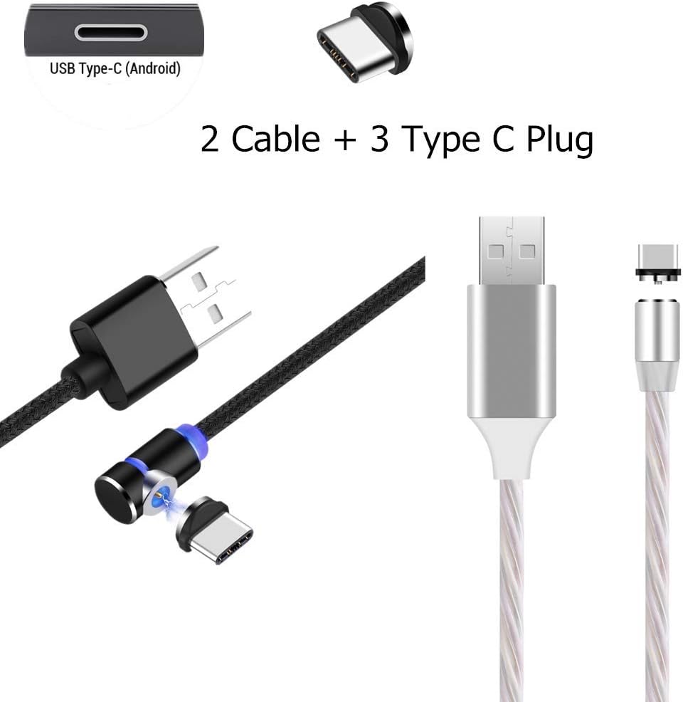 2 Pack USB C Magnetic Charging Cable, 1m Luminous USB Cable & 2m 90 Degree L Shape USB Cable & 3 Type C Head, Compatible with Samsung Galaxy S8/S9/S10 Plus, Huawei Honor 10, LG G6 V30 and More