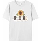 Graphic Womens T-Shirt Cute Cat Sunflower Cartoon Printed Cotton Top Short Sleeve M White Basic Casual Tee