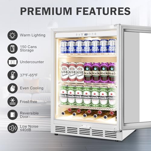 24 Inch Beverage Refrigerator, 150 Cans Wide Beverage Cooler and Beer Fridge with Glass Door and Powerful Cooling Compressor, Built-in/Freestanding Drink Fridge for Kitchen, Bar or Office,White