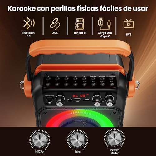 JYX Karaoke with 2 wireless microphones: Portable Bluetooth 5.3 Karaoke Speaker, PA System for Families with Subwoofer, Support Rec/AUX/USB/TF, Available as a Gift Adults and Children