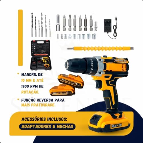 Furadeira e Parafusadeira de Impacto Sem Fio 48V Com LED, 2 Baterias Recarregáveis, Kit 32 Acessórios + Maleta Completa Premium – Alta Potência para Uso Profissional e Doméstico