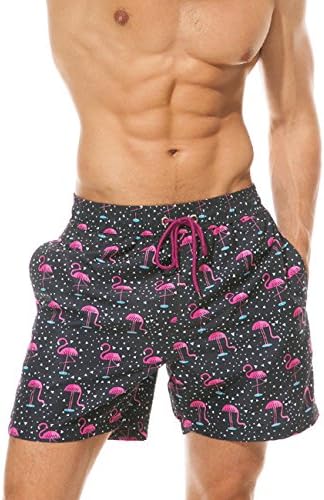 TEBOOL Men Swimwear Swimsuits Flower Print Surf Board Boxer Shorts Trunks Long (XXL,Flamingo)