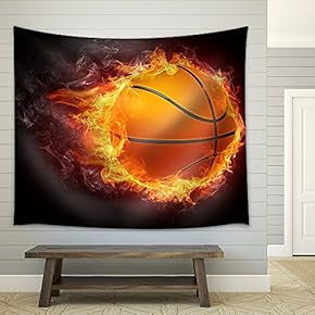 Basketball Ball on Fire. 2D Graphics. Computer Design. - Fabric Wall Tapestry Home Decor - 51x60 inches
