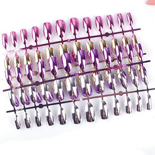 96Pcs Stiletto Fake Nails Full Cover Metal Mirror Reflection Glitter Sequins Medium Length False Acrylic Nail Kits（Gold and Silver Multicolor Mixed Series） - Thumbnail 6