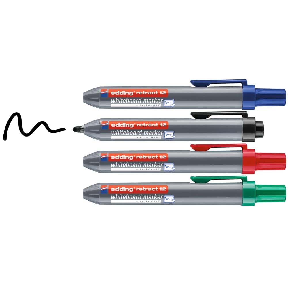 edding 12 Retract whiteboard marker - black, red, blue, green - set of 4 - round nib 1.5-3 mm - capless design - for one-handed use on whiteboards, flipcharts, magnetic boards, pinboards, memo boards