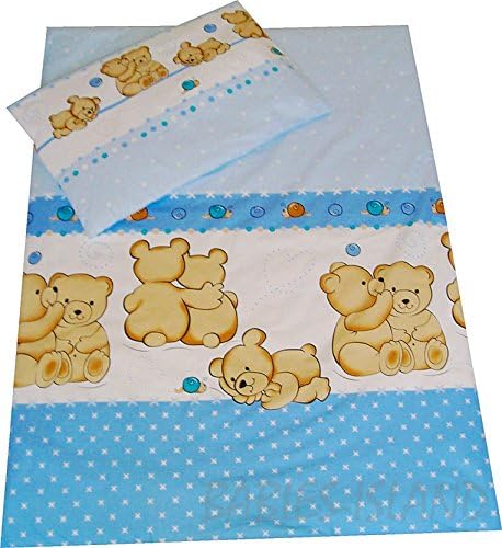 Cot Bed Duvet Cover + Pillowcase 2 Pieces Bedding Set 90 x 120 cm, Many Designs Available (Teddy Bear Blue)