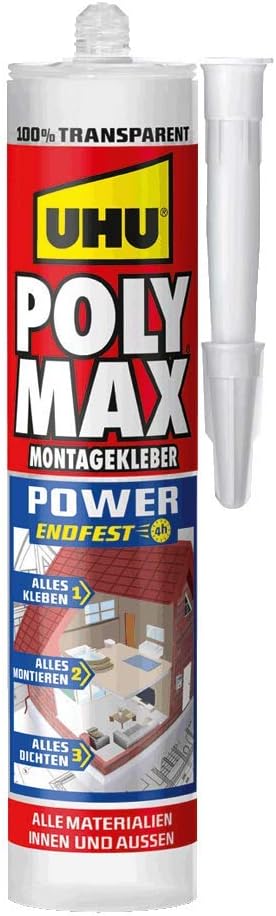 UHU Poly Max Glasklar Express Kartusche, Transparenter Montageklebstoff und Dichtmittel mit hoher Endfestigkeit, 300 g