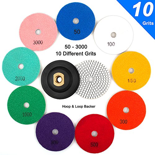 ADVcer Wet Diamond Polishing Pads Set, 4" 10 Pads 50 to 3000 Grit with 5/8" 11 Arbor Polisher Hook and Loop Backing Plate - Ideal Buffing Kit for Granite Concrete Marble Stone Countertop Tile Grinder - Thumbnail 7