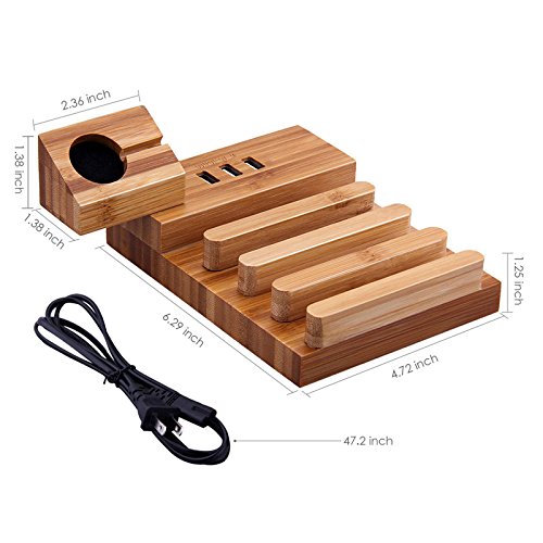 Wood Charging Station, MWAY Bamboo Wood USB Charging Organizer Dock Apple Watch Charger Bracket Stand, for iPhone 7/7Plus/6s/6/Plus/5s,iPad,Samsung,Most Smartphones,3 USB Ports 5V 3A 2 - Thumbnail 4