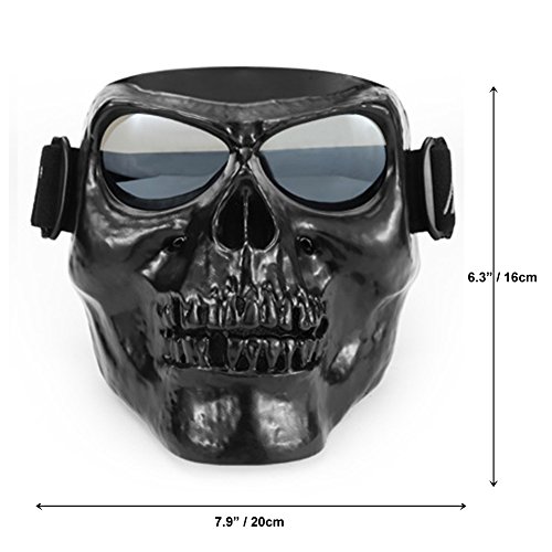 ISHOWStore Motorbike Motorcycle Off-Road Riding Goggles Glasses With Skull Face Mask Open Face Helmet (Black skull with silver lens) - Thumbnail 2