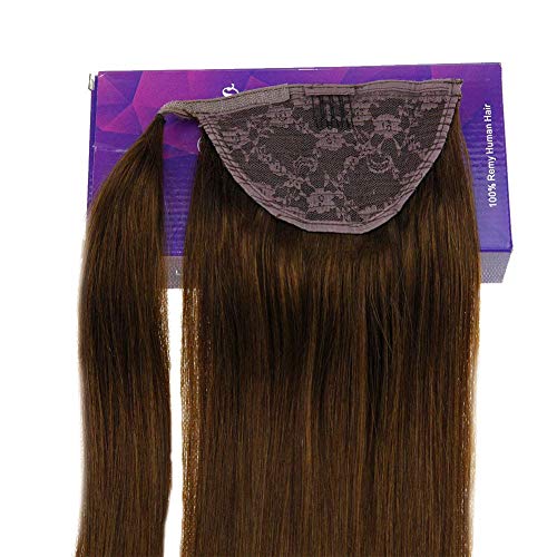 LaaVoo 12" Long Straight Wrap Around Ponytail Real Human Hair Extensions Lovely Color Dark Brown For Women Thick Hairpiece Binding Pony Tail Extension 80g (#4)