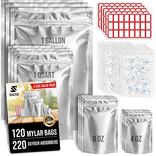 Sealtek 120 Mylar Bags for Food Storage With 220 Oxygen Absorbers 400cc