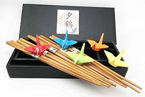 Multi Colored Crane Birds Set of 5 Chopsticks and Rest Set Asian Dining Dinnerware Accessory Chopstick Set For Five Great Housewarming Gift For Sushi Ramen Enthusiasts