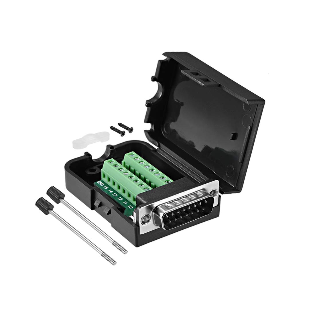 sourcing map D-sub DB15 Breakout Board Connector with Case 15 Pin 2 Row Male Port Solderless Terminal Block Adapter with Thumb Screws