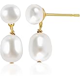 Pearl Earrings For Women:Dainty Hypoallergenic 18K Real Gold Plated AAA+ Cultured Freshwater Pearl Dangle Wedding Earrings Bridal Fasion Jewelry Gifts