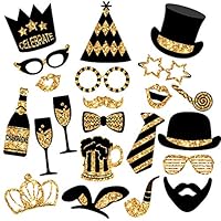 Gold Photo Booth Props (No Glitter) - Mix of Hats, Lips, Mustaches, Crowns and More (22 pcs) - Durable and Vibrant - Perfect for Birthday Parties, Weddings and More