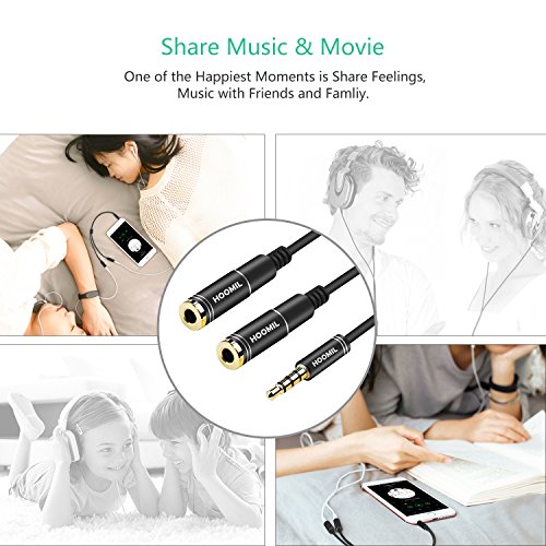 HOOMIL Headphone Splitter 3.5mm Jack Male to 2 Port 3.5mm Female Cable Audio Stereo Y Splitter for Earphone, Headset Splitter Adapter, Compatible for iPhone,Tablet and MP3 Players (Black, 33cm) - Thumbnail 3