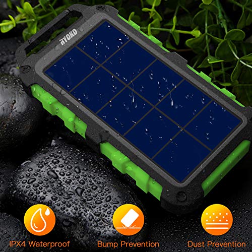 Solar Power Bank 10000mah, Ryoko Portable Solar Charger Ipx4 Waterproof Phone External Battery