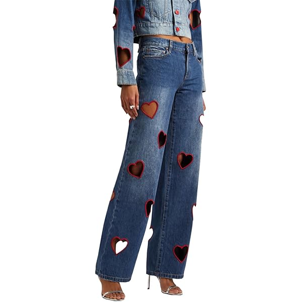 FXVZVFES Womens High Waisted Rhinestone Jeans Heart Cutout