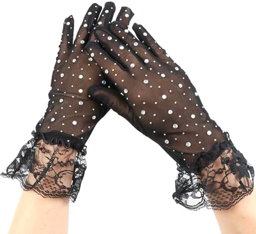 Guantes De Encaje Negro Con Lazo – Talla Única De 25x10x1,5 Cm, Poliéster Resistente, Ideales Para Bodas, Funerales Y Banquetes