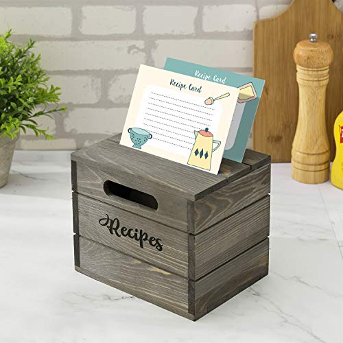 MyGift Vintage Gray Solid Wood Recipe Card Holder Box with Burnt Wooden