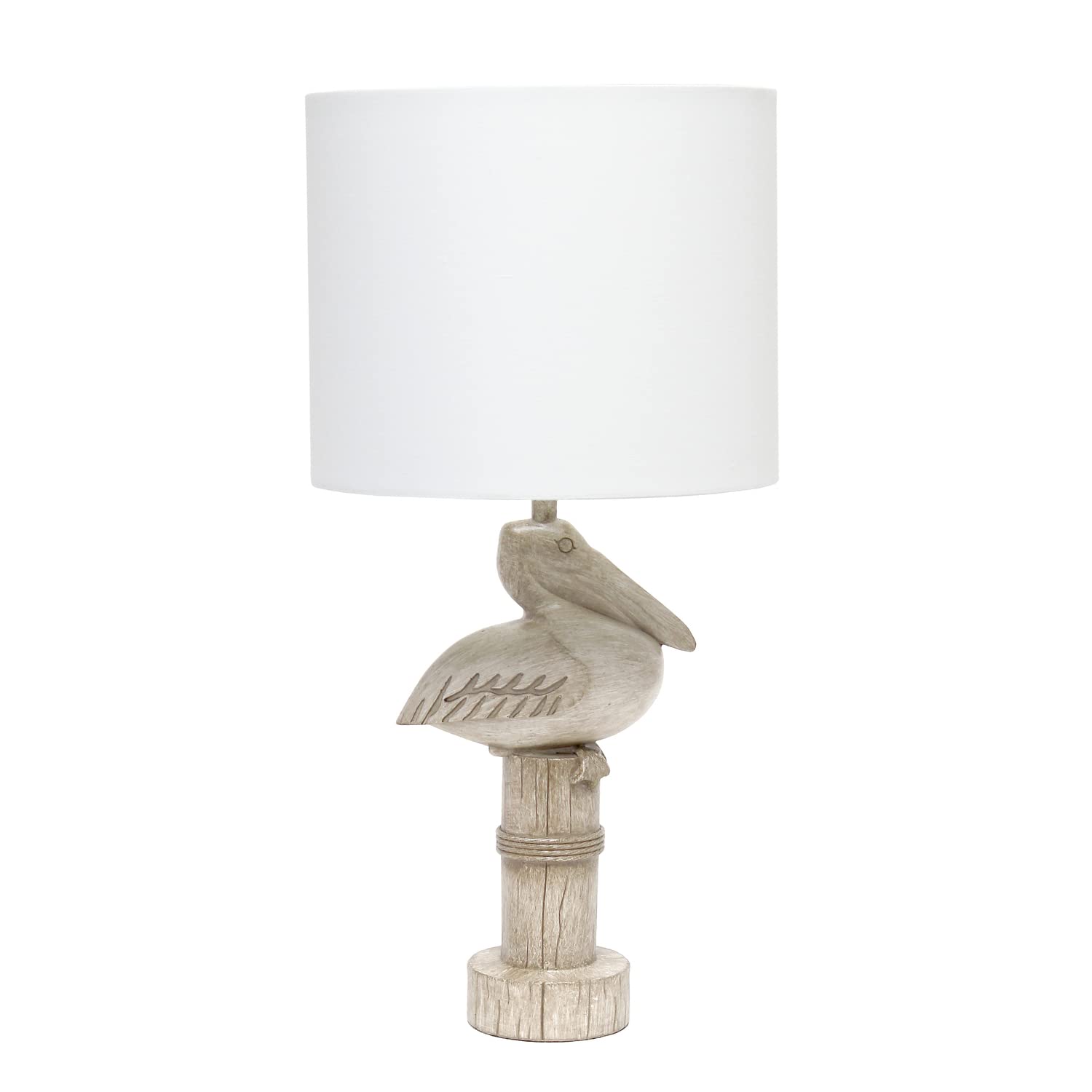 Photo 1 of Simple Designs LT1091-PEL Shoreside 17.25" Tall Coastal Sitting Pelican Beige Wash Polyresin Bedside Table Desk Lamp w White Fabric Drum Shade for Décor, Accent, Beach, Seaside, Living Room, Bedroom