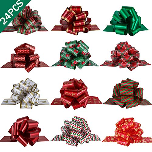 PintreeLand 24PCS Christmas Gift Wrap Pull Bows with Ribbon 5" Wide Wrapping Accessory for Xmas Present, Gift, Florist, Bouquet, Basket Decoration, Easy to Assemble