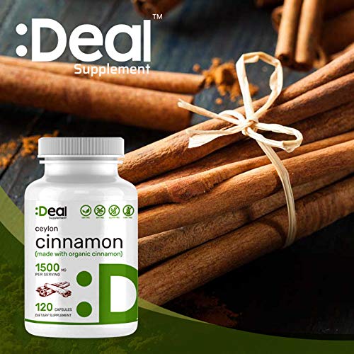 Deal Supplement Organic Ceylon Cinnamon, 1500mg per Serving, 120 Capsules, Best Blood Sugar Supports Supplements, Non-GMO, Made in USA