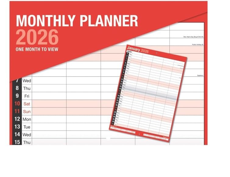2026 Monthly Planner Five Column Size A3 Month To View Planner Organizer Wall Calendar For Home Office Family planner, 5 Column Layout, Wall Mounted, 12 Months, Red & White