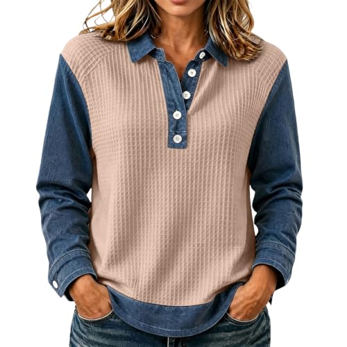 Waffle Shirts for Women Denim Patchwork Collared Button Long Sleeve Shirts at Amazon