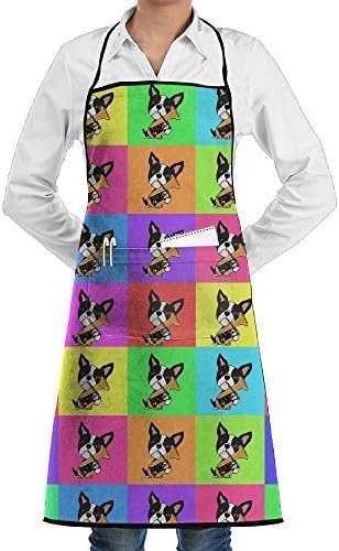 Funny Boston Terrier Playing Tuba Cooking Kitchen Aprons With Pockets Bib Apron For Cooking, Baking, Crafting, Gardening, BBQ