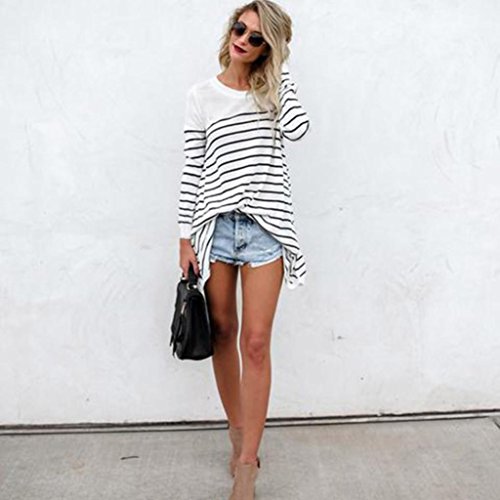 BSGSH Women's Blouses Round Neck Striped Long Sleeve T Shirt Casual Loose Tunic Tops (S, White)