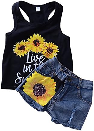 BAOBAOLAI Baby Kids 2PCs Shorts Set Girl Sleeveless T-Shirt Top+Floral Denim Shorts Outfits for 0-6Years (Live in The Sunshine, 4-5 Years)