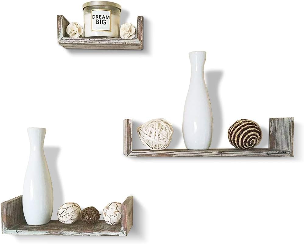 Floating U Shelves Wall Mounted Set of 3 Rustic Wood Wall Shelves with Extra Wide Panel Display Ledge Storage Shelves Organization Racks Home Decor for Bedroom, Living Room, Bathroom, Kitchen