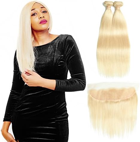 Queen Plus Hair 613 Blonde Hair 2 Bundles with Lace Frontal Closure 13x4 Ear To Ear with Baby Hair Straight Peruvian 613 8A Blonde Virgin Hair (12 14 with 12 Lace Frontal)