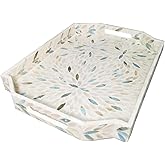 i-lan 16 Inch Mother of Pearl Tray, Large Dodecagon Shell Serving Tray with Handles, Decorative Nacre Inlay Ottoman Tray for Coffee Table, Vanity Organizer, Breakfast and Home Decor
